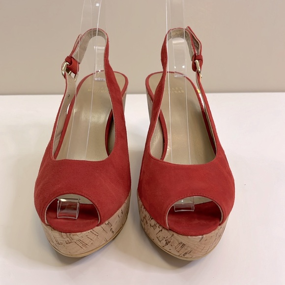 Stuart Weitzman Women’s Rinna Red Suede Slingback Cork Wedge Heels, Size 9M - Picture 2 of 10